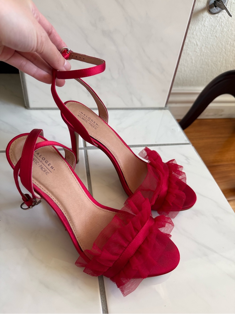 Halogen Red Ruffle Ankle-Wrap Stiletto Heels